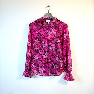 Steve Madden Chiffon Bell Sleeve Floral Print Fuchsia Button Up Shirt Size S NWT